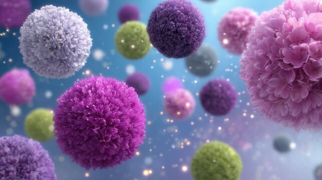 Multicolor spherical floral structures floating on a blue background with sparkling lights