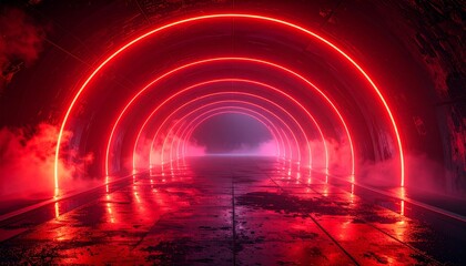 Perspective view into a futuristic dark concrete tunnel with glowing red neon rings, smoke, and reflective floor
