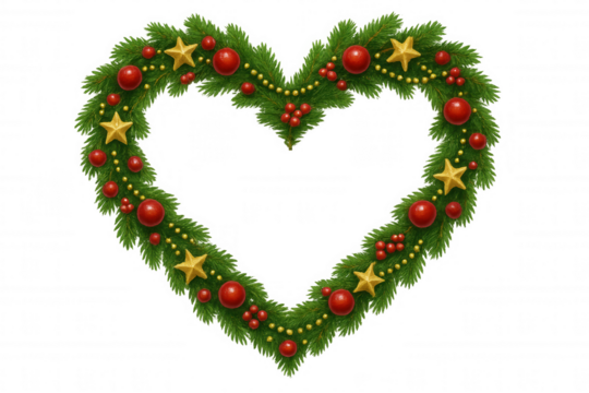 Heart shaped christmas wreath with fir branches, red baubles, golden stars, and berries, transparent background
