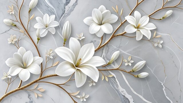 Wallpaper 3D white flowers on abstract gray background. White flowers on light marble background. 3D Mural Wallpaper with white flowers. Luxuary wallpaper design. - Powered by Adobe