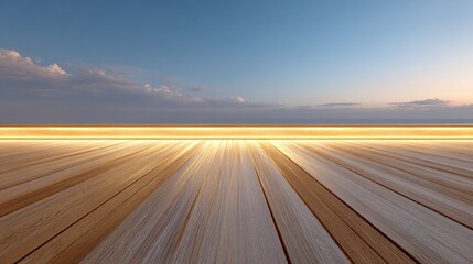 deck. A wooden patio deck at dusk with subtle warm lighting and a soft sky gradient. lifestyle magazines, social media lookbooks, designed for influencer and brand collaborations.