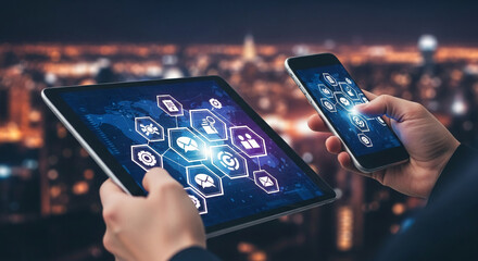 Tablet and phone displaying digital network interface, showcasing modern technology and connectivity, symbolizing global communication and business solutions