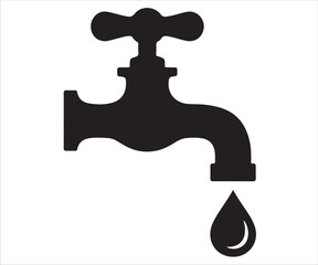 Black silhouette of water tap with droplet illustration, concept for plumbing, faucet, pipeline, sanitation, drinking water supply, utility service, conservation, leak, infrastructure and household eq