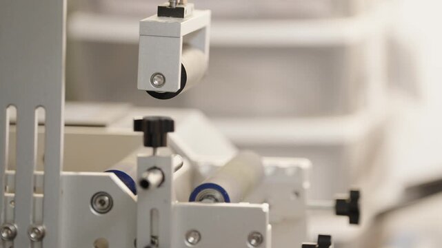 Close-up of an industrial labeling machine applying a label to a brown glass bottle in a pharmaceutical or cosmetic production facility. (4K)