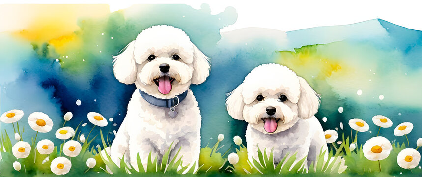 Two Bichon Frises sitting on grassy field with white flowers illustration. Cute white poodles with curly fur close up watercolor artwork. Playful dogs in meadow with soft watercolor background paintin