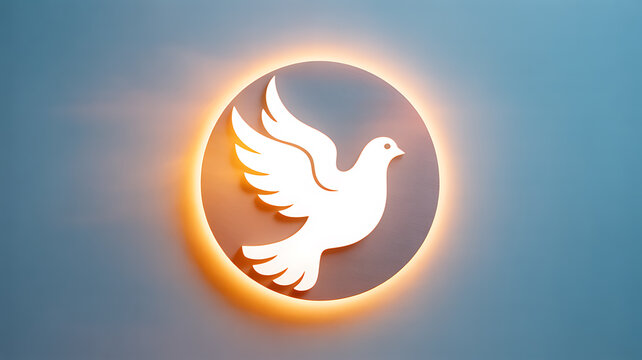 White dove in flight within a glowing circular frame against a soft blue background