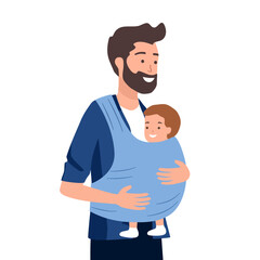 Happy young father carrying baby in sling. Man parent walking with infant, toddler in baby carrier wrap