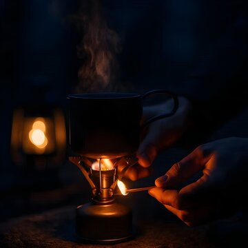 Hand lighting a portable camping stove to heat a mug at night