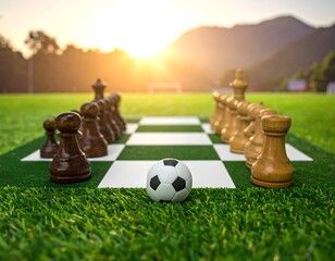 Chess pieces on a soccer field