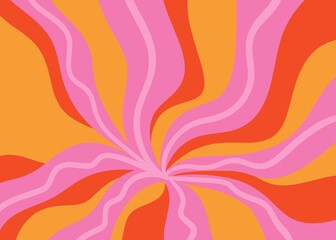 Hand drawn swirl groovy starbust illustration background. Mid century orange pink modern vintage retro wallpaper backdrop, 60s 70s decorative geometric lines rays star sunburst, stylish explosion