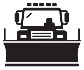 Black silhouette of snowplow truck with front blade clearing snow for winter road service