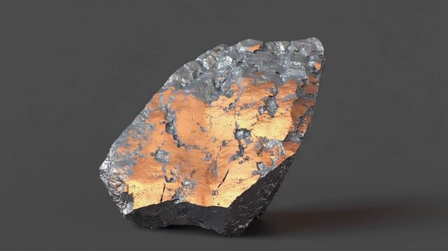 A metallic rock specimen, exhibiting a mix of dark gray and copper-orange hues, with a textured surface