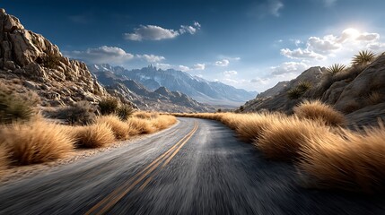 A long, empty highway stretches into the distance under a vast blue sky, with motion blur emphasizing speed as the asphalt races toward the horizon. The road is flanked by sparse desert shrubs, 