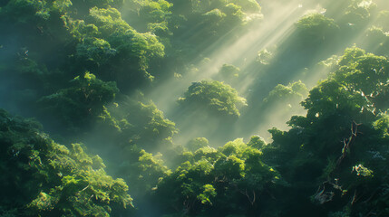 A cinematic ultra-detailed travel scene of rainforest canopy glowing with morning mist
