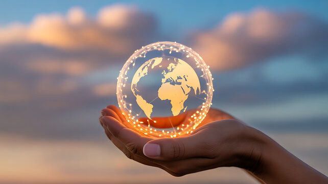 Hands holding a glowing digital globe against a sunset sky
