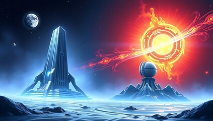 "Futuristic monolith of time, glowing cosmic artifact, isolated on white background, PNG cutout."