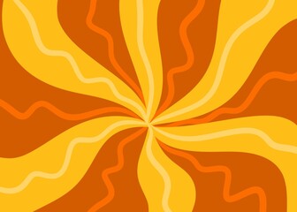 Hand drawn swirl groovy starbust illustration background. Mid century modern yellow orange vintage retro wallpaper backdrop, 60s 70s decorative geometric lines rays star sunburst, stylish explosion