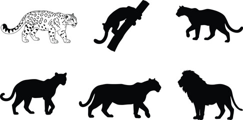 Big cat silhouettes, snow leopard illustration, wild feline vector, black white graphic, animal posture icons, predator species art, jungle theme