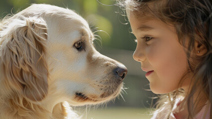 Little girl and puppy sharing a loving moment in a sunlit outdoor setting