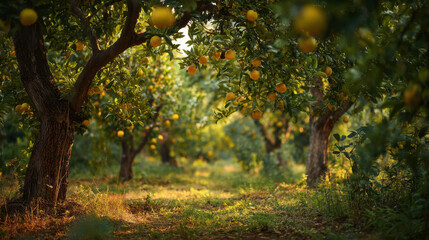 Naklejka premium Sunny orchard filled with ripe orange trees under soft golden light, creating a serene atmosphere perfect for relaxation and nature appreciation in a fruitful landscape.