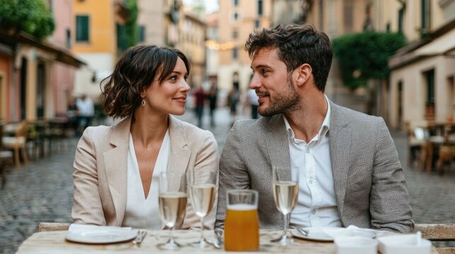 Affectionate couple sharing a warm evening together at a cozy outdoor cafe terrace sipping beverages and engaged in conversation showcasing a romantic and intimate setting in an urban city landscape
