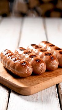 Four grilled sausages are arranged on a wooden board with grill marks visible on their glossy surfaces