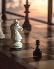 Chess pieces on a wooden board at sunset