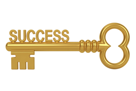 A golden key with the word success on it against a black background in a studio shot image on transparent background