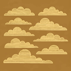 Illustration of nine stylized clouds on a brown background.