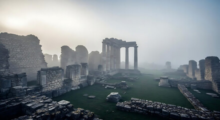 Fototapeta premium Foggy ruins of an ancient temple with stone columns and walls under a hazy sky at daytime scene ai generated
