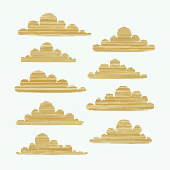 Illustration of eight golden clouds on a white background.