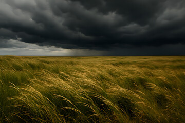 Plaine herbeuse ciel orageux