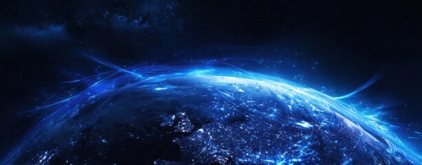Obraz premium The Earth glowing with electric blue network lights above a dark cosmic horizon