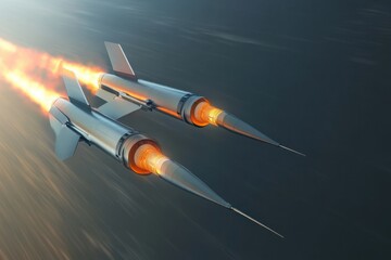 Rockets launching into the sky during a test flight with bright flames and smoke