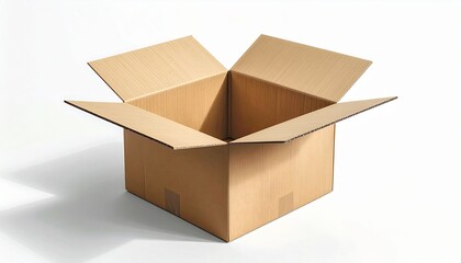 Open brown corrugated cardboard box with outward-folded flaps on white background.
