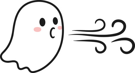 Cartoon ghost blowing, cute spirit vector, wind puff illustration, Halloween character art, black white graphic, spooky fun theme, playful design