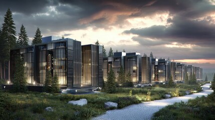 Obraz premium Modern architecture with sleek buildings amidst serene forest landscape