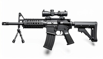Modern AR-15 style assault rifle with scope, foregrip, and telescoping stock on neutral background.