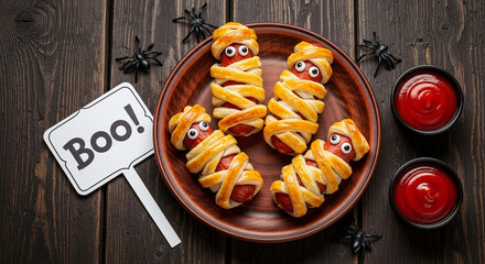 Mummy-shaped sausages on a plate, decorated with pastry and edible eyes, surrounded by spiders and ketchup, perfect for Halloween party food