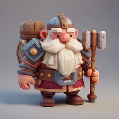 Fototapeta premium Cute Cartoon Dwarf Warrior with Hammer and Backpack, Stylized 3D Fantasy Character Isolated