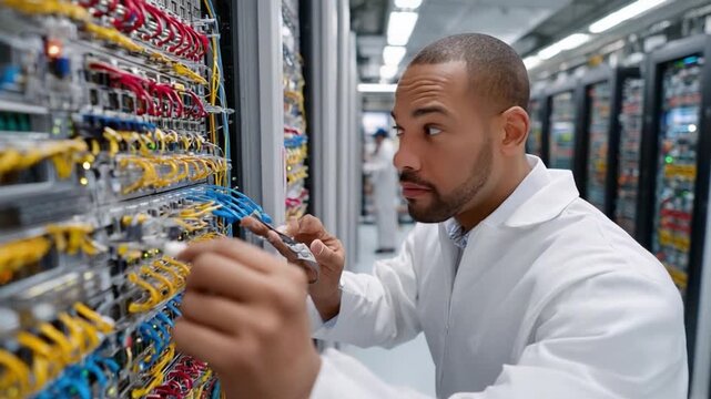 Data Center Engineer at Work: A focused data center engineer in a white lab coat meticulously examines server connections in a high-tech facility, showcasing precision and dedication.