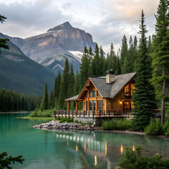 Fototapeta premium Mountain Lake Cabin Secluded Getaway in Majestic Nature