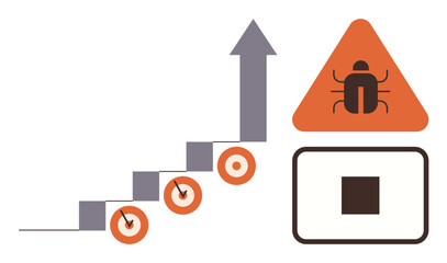 Rising chart with arrow, target milestones, warning triangle with bug, and stop icon. Ideal for growth, challenges, problem-solving, risk process improvement software bugs progress journey. Simple