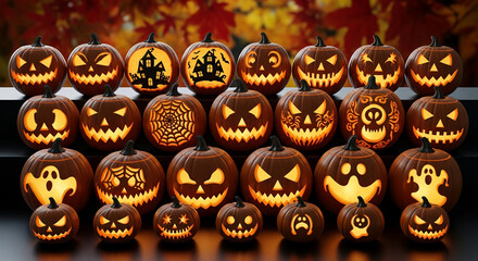 Lit jack-o'-lanterns with various Halloween designs arranged on steps against a blurred autumn backgroundShowcase of Halloween decoration ideas
