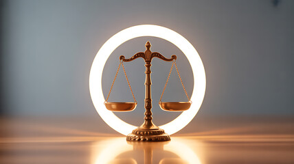 Golden scale of justice illuminated by a circular light against a soft background