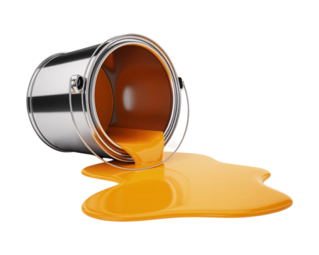 A spilled can of orange paint lying on its side with the paint flowing out on a black background on transparent background