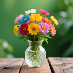 Title:
Colorful daisy bouquet in a decorative clear glass vase on wooden table with blurred green natural background