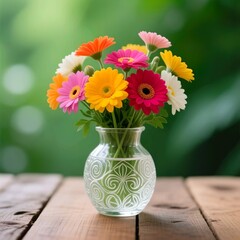 Title:
Colorful Gerbera flowers in a decorative clear glass vase on wooden table with blurred green natural background