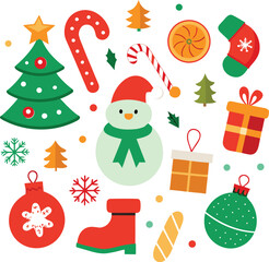 Fototapeta premium Vector art of whimsical christmas elements collection, , showcasing a snowman, christmas trees, candy canes, gift boxes, snowflakes, and ornaments for festive design