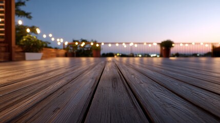 deck. A wooden patio deck at dusk with subtle warm lighting and a soft sky gradient. lifestyle magazines, social media lookbooks, designed for influencer and brand collaborations.